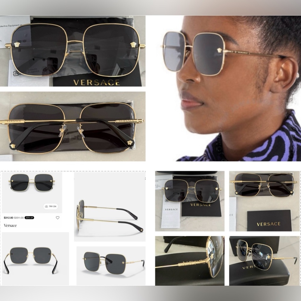 VERSACE OVERSIZED GOLD STEEL FRAME SUNGLASSES WITH ICONIC MEDUSA LOGO ON LENSES